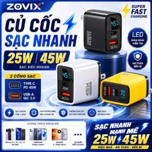 Củ Sạc Nhanh 25W/45W Zovix Tech – Màn Hình LED Hiển Thị, 2 Cổng Type-C & USB Cho iPhone, Samsung