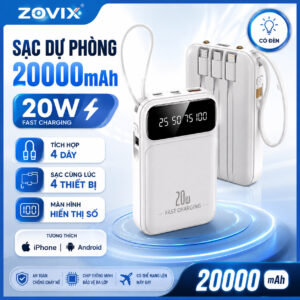 Sạc Dự Phòng Sạc Nhanh 20W Tích Hợp 4 Dây Zovix (5000 - 20000mAh)